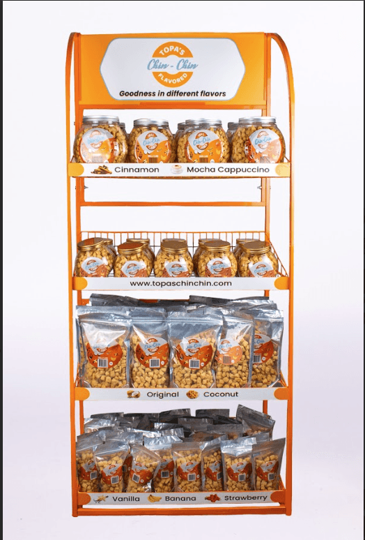 Topas Chin Chin retail display rack with all 7 flavors